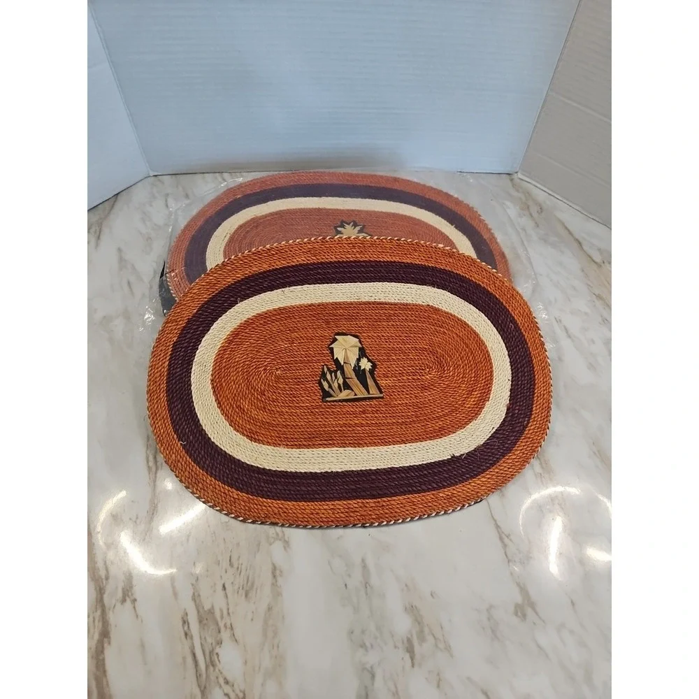 Vintage Boho Handmade Straw Woven Placemats Mexico Burnt Orange Decor